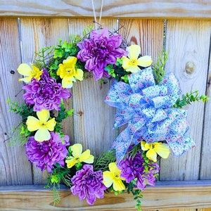 HAND CRAFTED SPRING FLORAL GRAPEVINE WREATH 20" FRONT DOOR DECOR SILK RIBBON 20"